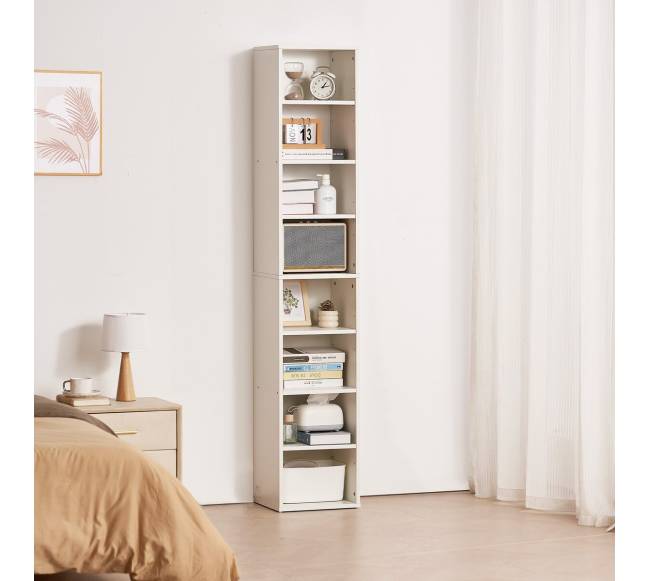 8 pakopų siaura balta medinė knygų lentyna7