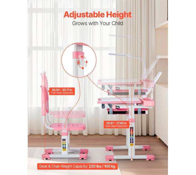 Kidsų vaikiškas reguliuojamo aukščio stalas ir kėdė su šviestuvu1