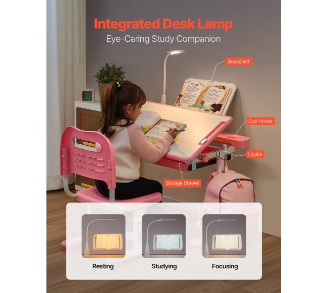 Kidsų vaikiškas reguliuojamo aukščio stalas ir kėdė su šviestuvu4