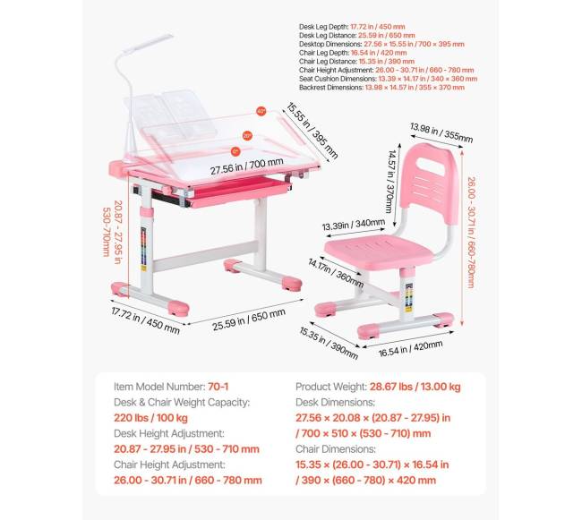 Kidsų vaikiškas reguliuojamo aukščio stalas ir kėdė su šviestuvu6