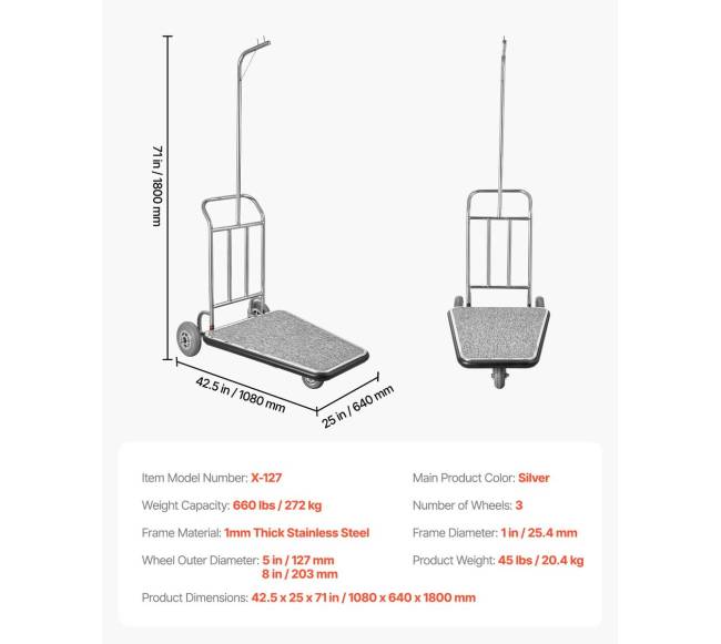 Bagažo vežimėlis 272 kg, 3 ratų, nerūdijantis plienas6