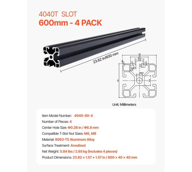 4 vnt. T formos 4040 aliuminio profiliai 600 mm6