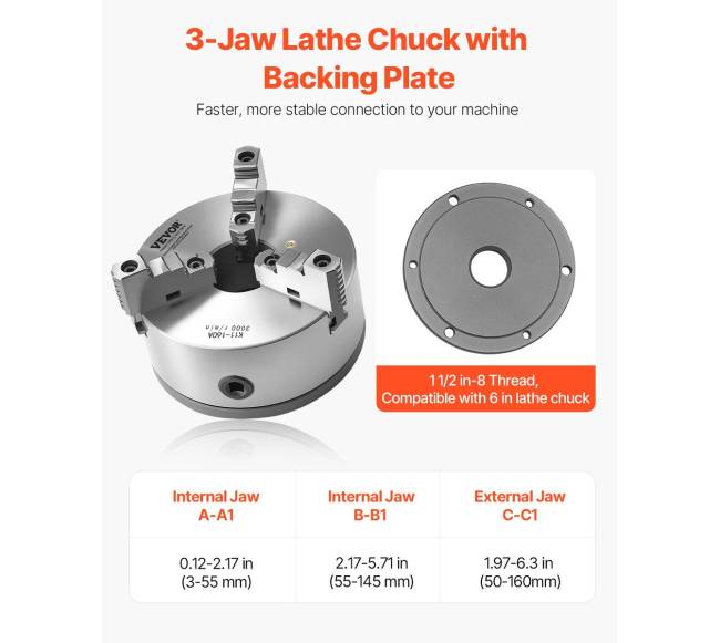 160 mm 3-žandikaulės tekino staklių griebtuvas3