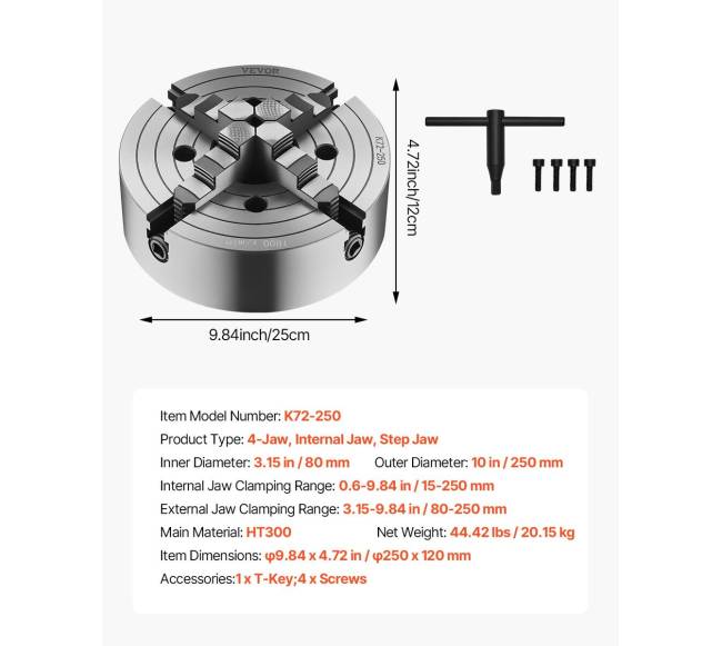 250 mm 4-žandikaulių savaime centruojantis tekinimo staklių griebtuvas6