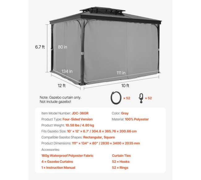 Pavėsinės užuolaidos 283 x 340 x 203 cm, pilkos6