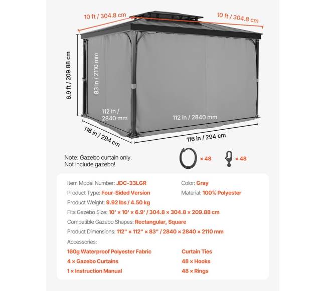 Pilka pavėsinės užuolaida 284 x 284 cm6