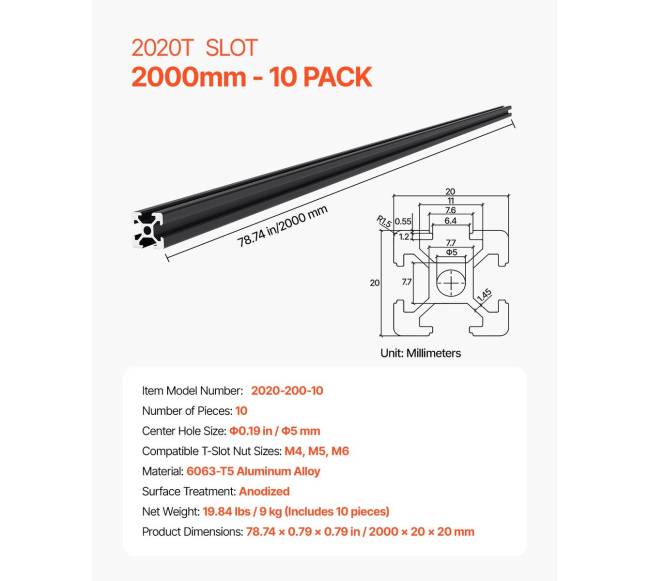 10vnt T formos aliuminio profilis 2000mm6