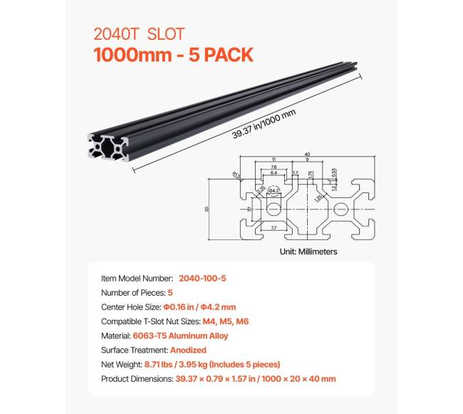 5 vnt. 1000 mm T Slot 2040 anodizuotas aliuminis profilis6