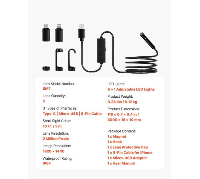 Dvigubų lęšių endoskopas Android IOS su 3 m kabeliu6