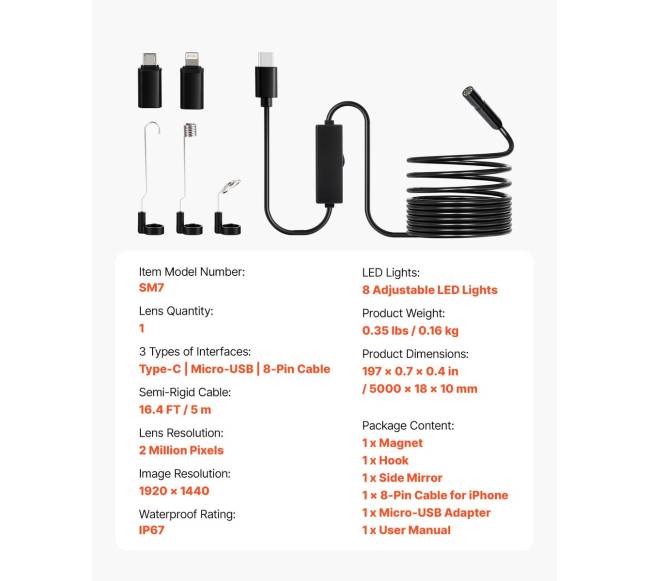 Endoskopinė kamera 1920P HD su 5m kabeliu6