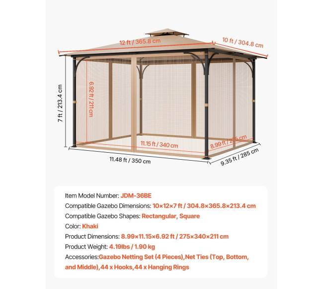 Atsarginis tinklinis paviljono tinklelis 10x12x7 ft6