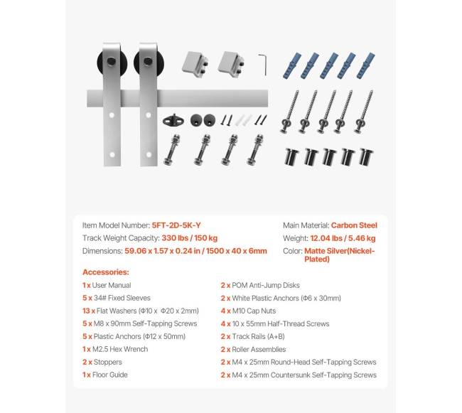 1,5 m stumdomų durų furnitūra sidabrinė6
