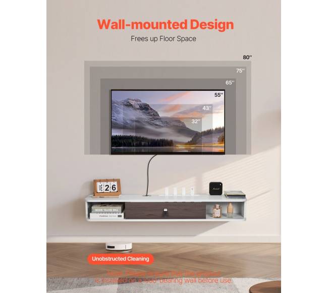 Pakabinamas baltas TV stovas su kabelio anga1