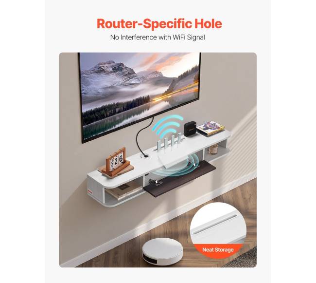 Pakabinamas baltas TV stovas su kabelio anga2