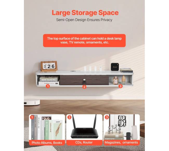 Pakabinamas baltas TV stovas su kabelio anga3