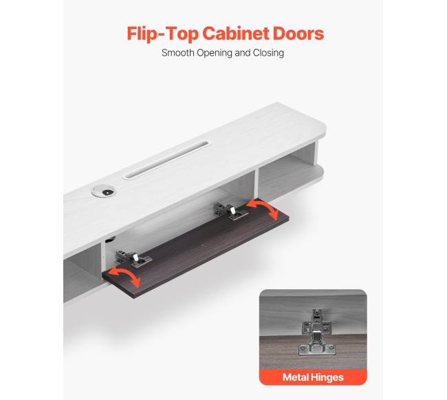 Pakabinamas baltas TV stovas su kabelio anga5