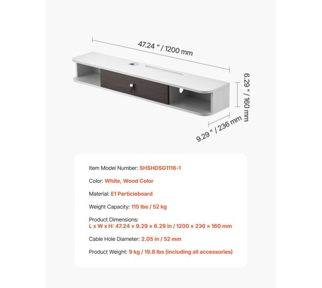 Pakabinamas baltas TV stovas su kabelio anga6