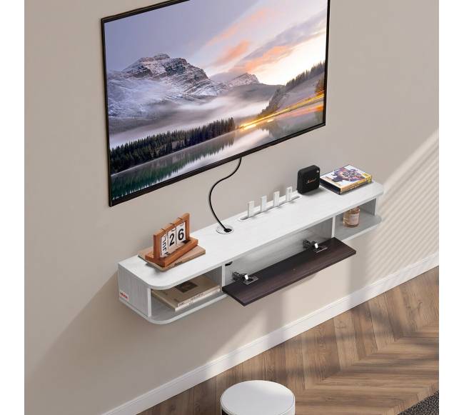 Pakabinamas baltas TV stovas su kabelio anga7