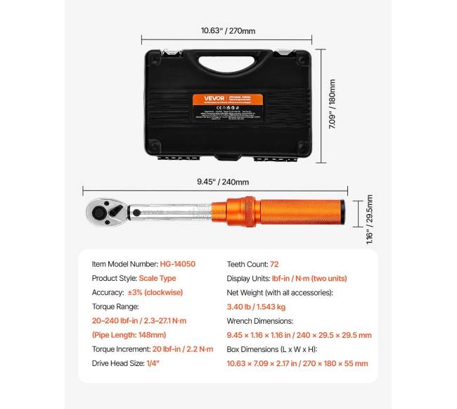 Spustelėjimo dinamometrinis raktas 14 colio 2,3-27,1 N.m6