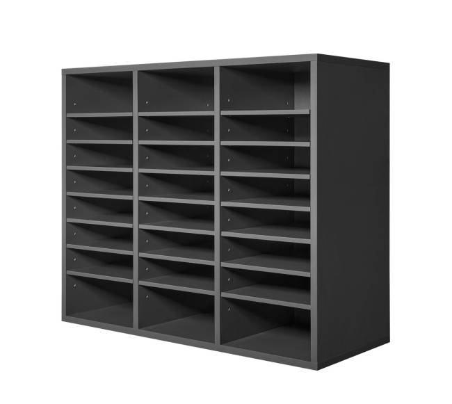 Pilkas medinis literatūros dėklas su reguliuojamomis lentynomis0