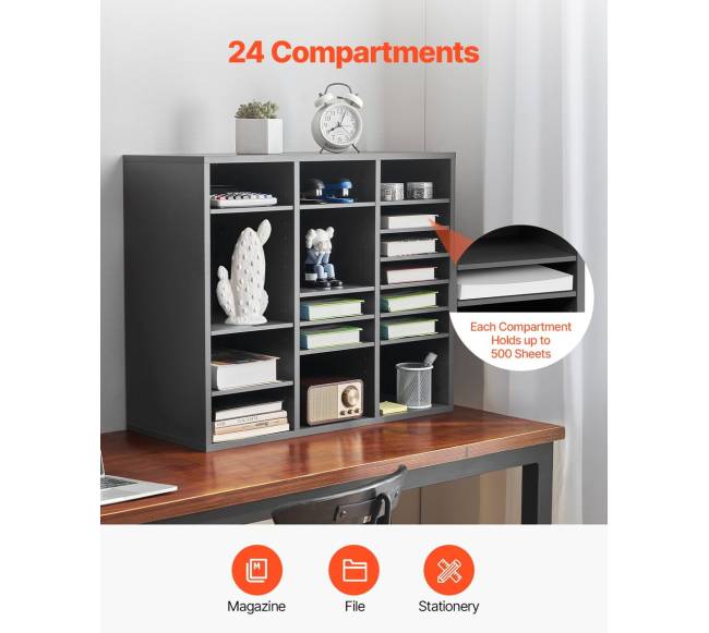 Pilkas medinis literatūros dėklas su reguliuojamomis lentynomis3