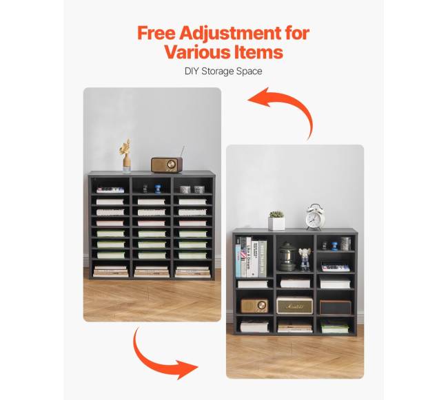 Pilkas medinis literatūros dėklas su reguliuojamomis lentynomis4