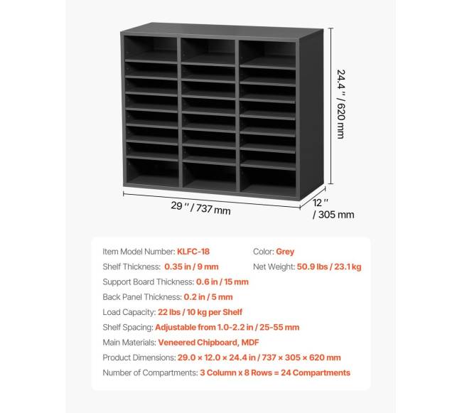 Pilkas medinis literatūros dėklas su reguliuojamomis lentynomis6