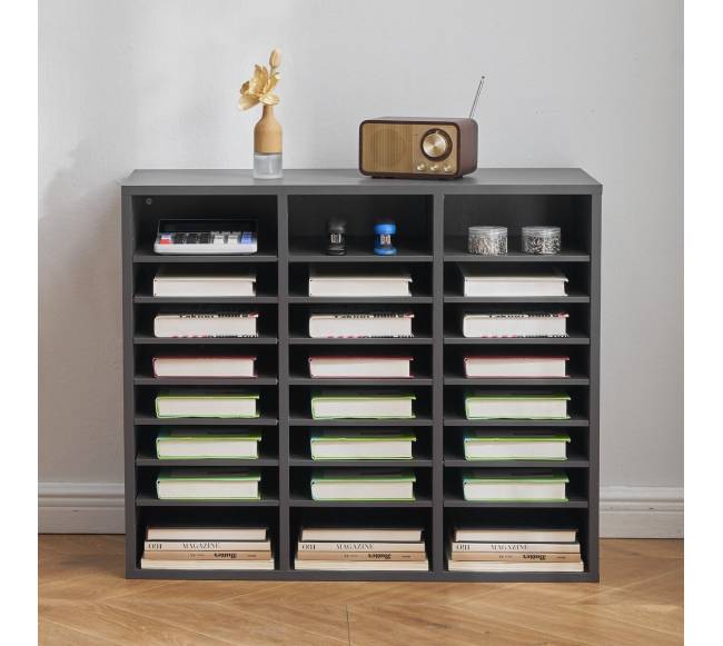 Pilkas medinis literatūros dėklas su reguliuojamomis lentynomis7