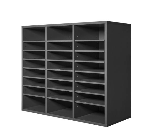 Pilkas medinis literatūros dėklas su reguliuojamomis lentynomis8