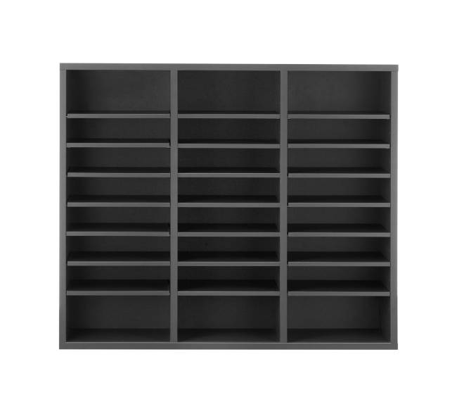 Pilkas medinis literatūros dėklas su reguliuojamomis lentynomis9