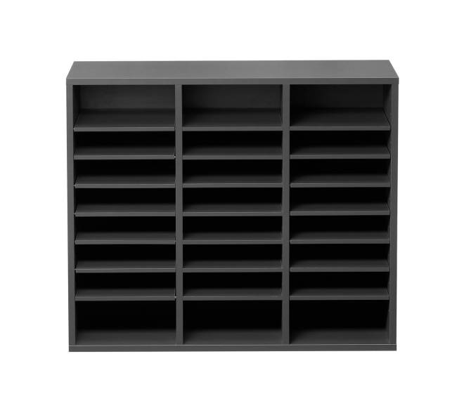 Pilkas medinis literatūros dėklas su reguliuojamomis lentynomis10