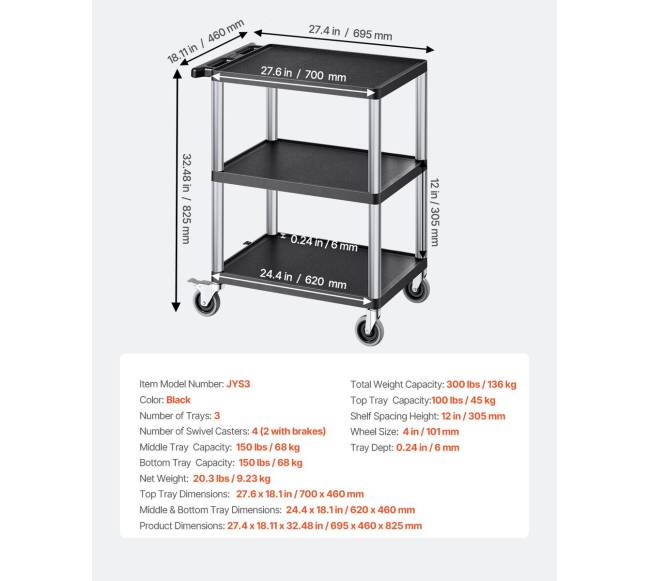 3-aukštų vežimėlis su ratais 136 kg6