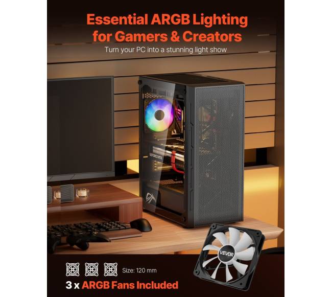 Vidutinio dydžio ATX kompiuterio korpusas su ARGB ventiliatoriais2