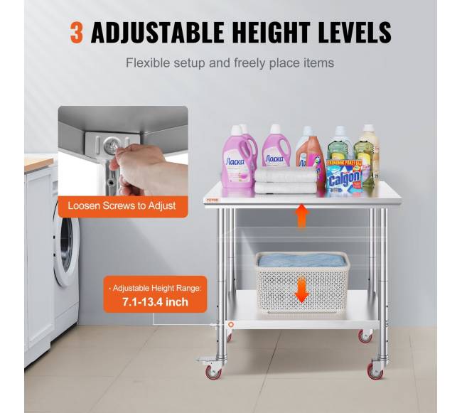 Nerūdijančio plieno darbo stalas 92x61 cm su reguliuojama lentyna4