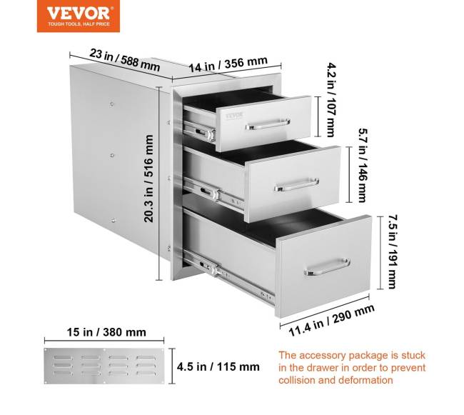 Vevor nerūdijančio plieno trijų stalčių spintelė6