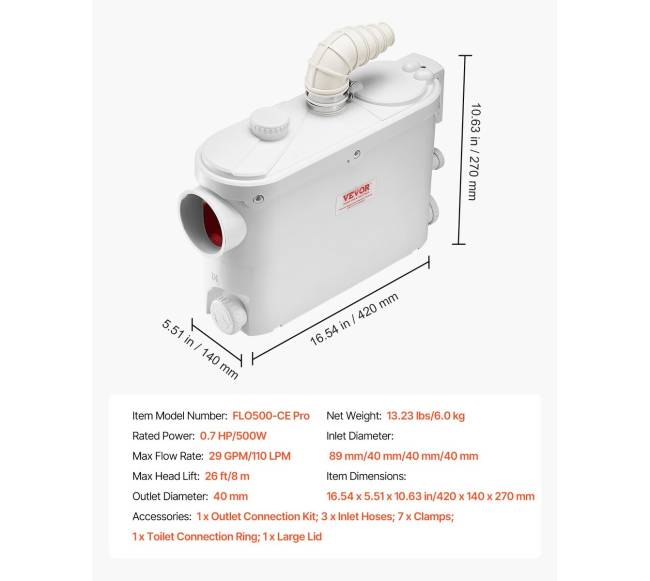Macerator šliužo siurblys 500W su 3 įėjimais6