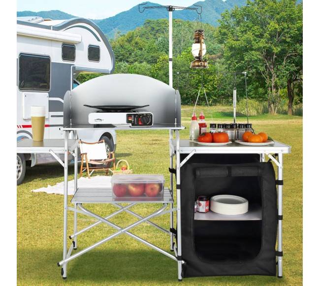 Sulankstomas stovyklavimo virtuvės stalas su vėjo apsauga7