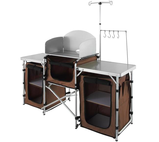 Sulankstomas stovyklavimo virtuvinis staliukas su lentynomis0