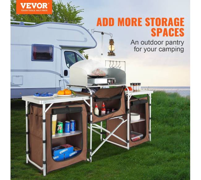 Sulankstomas stovyklavimo virtuvinis staliukas su lentynomis1