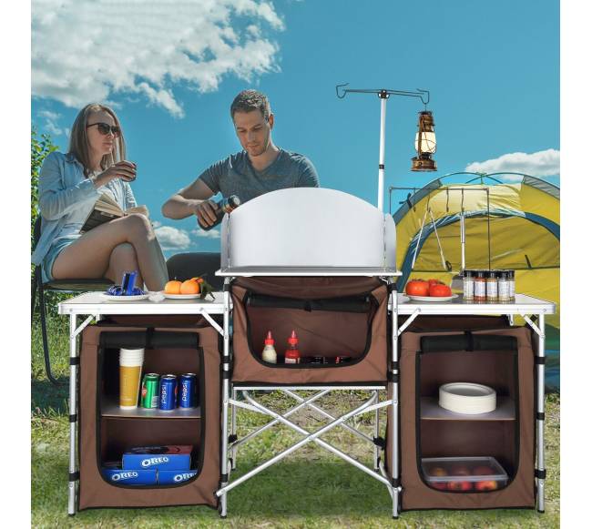 Sulankstomas stovyklavimo virtuvinis staliukas su lentynomis7