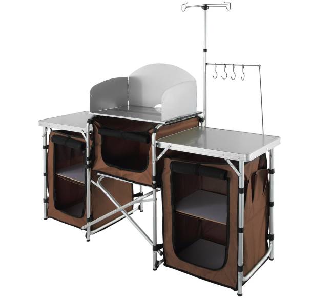 Sulankstomas stovyklavimo virtuvinis staliukas su lentynomis9