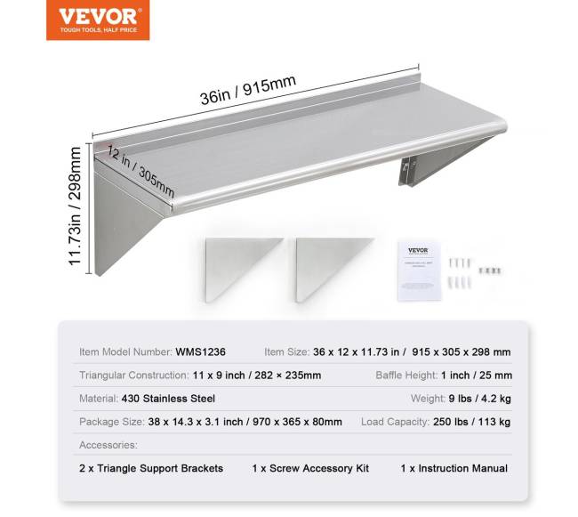 91 cm x 30 cm nerūdijančio plieno lentyna6