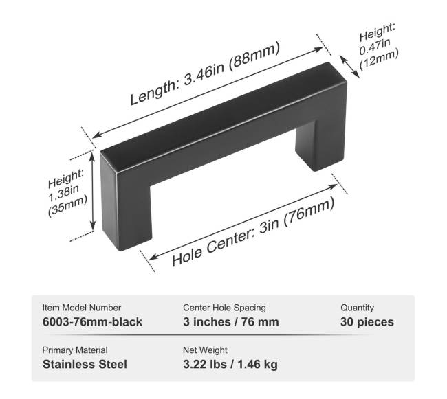 30 vnt. spintelės rankenėlės, 76 mm atstumu6