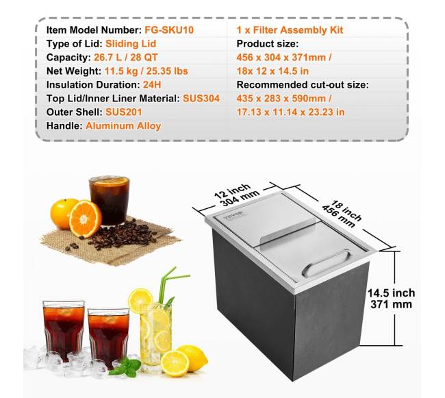 Įmontuojama nerūdijančio plieno ledo dėžė 46 cm6