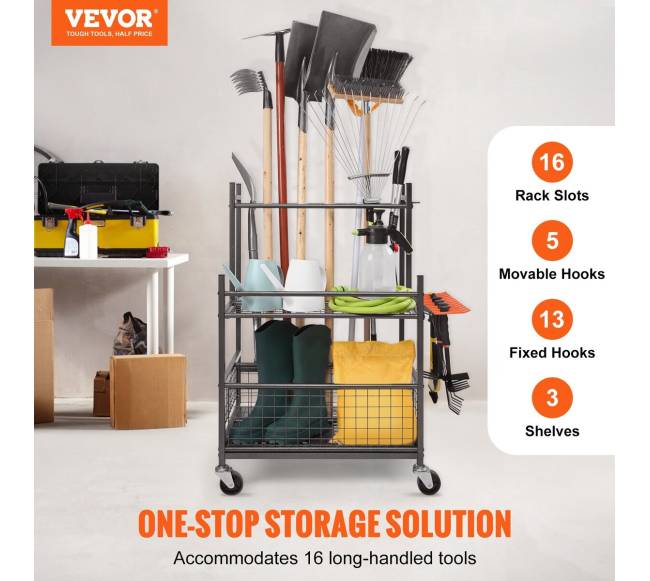 Sodo įrankių laikiklis su ratais ir kabliais1