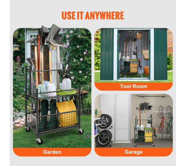 Sodo įrankių laikiklis su ratais ir kabliais5