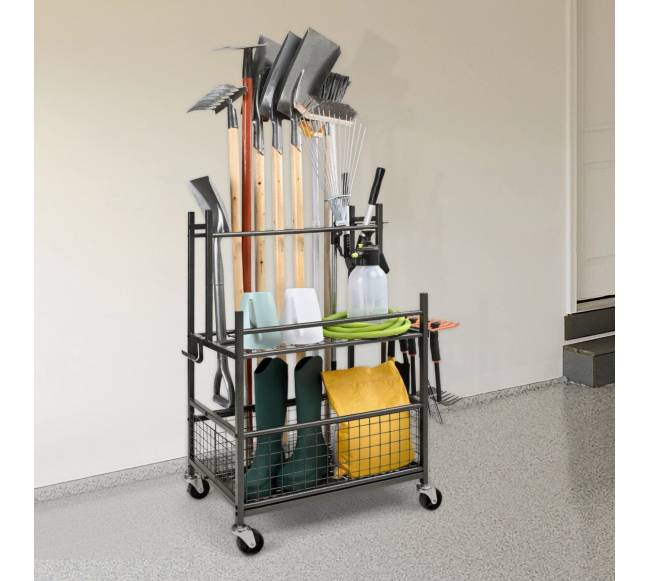 Sodo įrankių laikiklis su ratais ir kabliais7