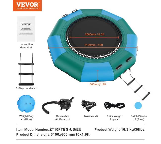 10 pėdų pripučiamas vandens batutas6