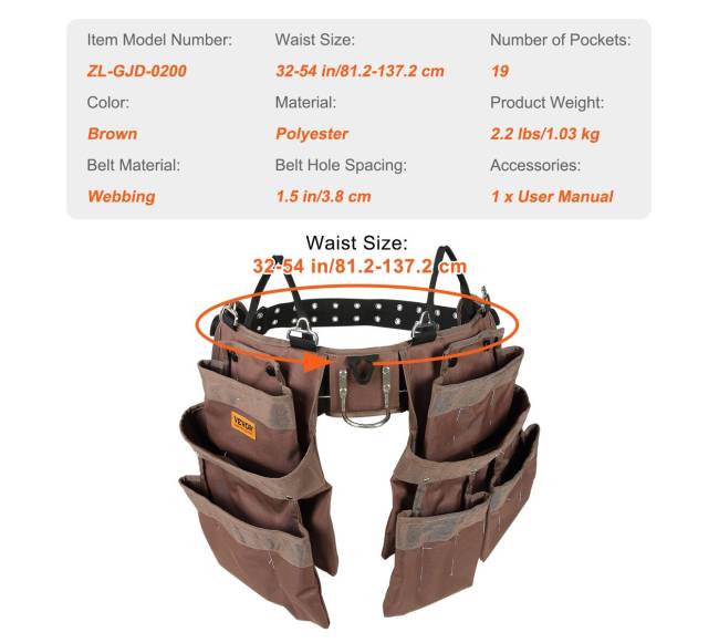 Įrankių diržas su 19 kišenių, 81-137 cm6