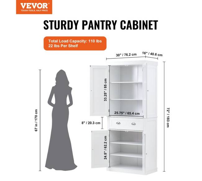 182 cm baltos spalvos virtuvės spintelė su lentynomis1